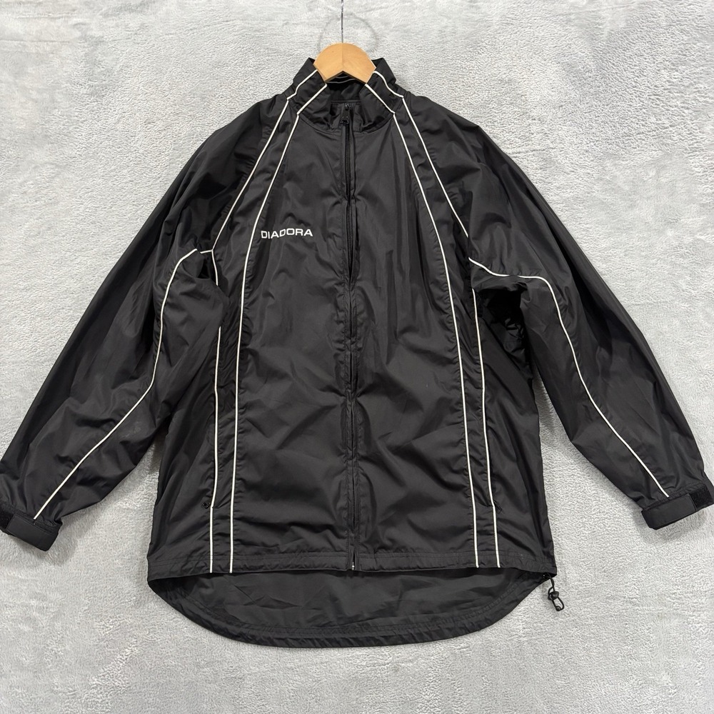 Diadora Track Jacket Men's Small Full Zip Windbreaker Packable Hood Vented Black